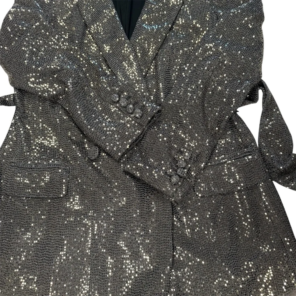 Badgley Mischka Gold Sequin Embellished Belted Blazer‎ & Matching Trousers Set - Picture 4 of 15